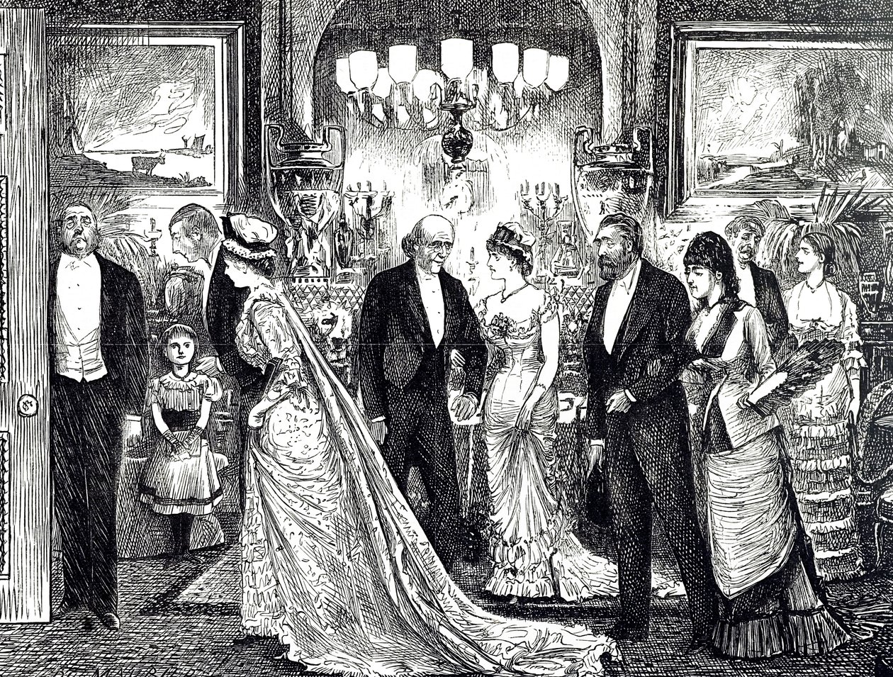 Cartoon die een elegante soirée in een Victoriaans huis toont door George du Maurier