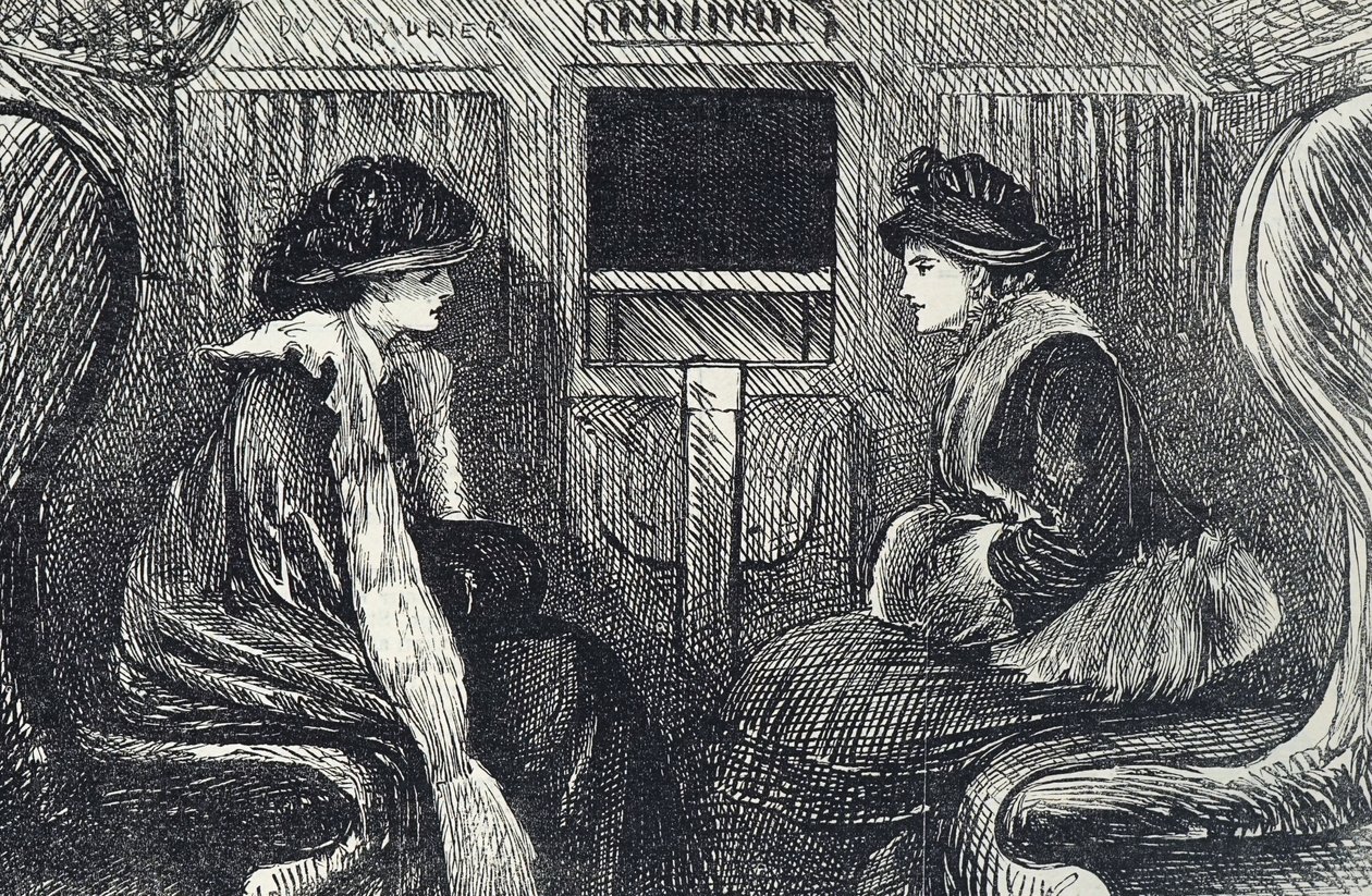 Cartoon van passagiers in de Londense metro door George du Maurier