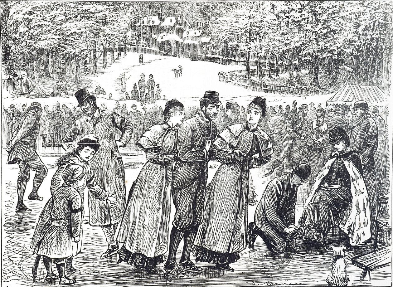 Cartoon van schaatsers op een bevroren meer door George du Maurier
