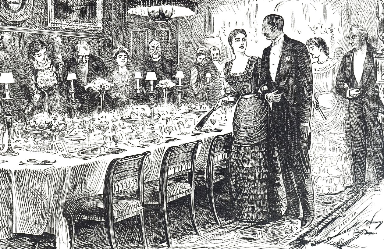 Cartoon getiteld "Going into Dinner" die een jong stel afbeeldt dat een eetkamer binnenkomt door George du Maurier