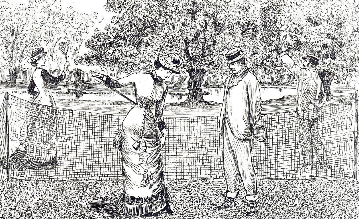 Gravure die een vrouwelijke tennisser afbeeldt die ongemak ervaart door haar nieuwe rubberen schoenen door George du Maurier