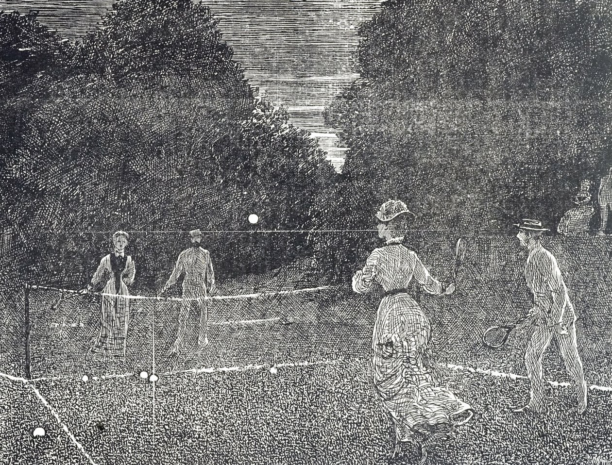 Gravure die het gebruik van witte fosforverf aanbeveelt aan tennisspelers door George du Maurier
