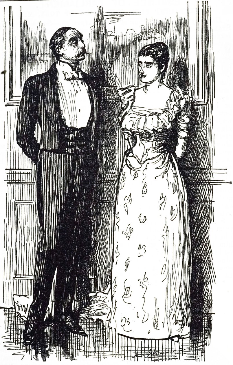 Cartoon van Georges du Maurier die een man en vrouw in gesprek toont op een society-evenement, Engeland 1891 door George du Maurier