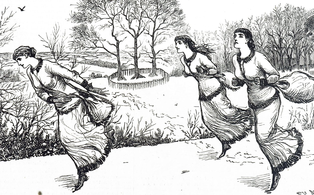Illustratie van meisjes die het spoor uitzetten voor de haas en honden door George du Maurier