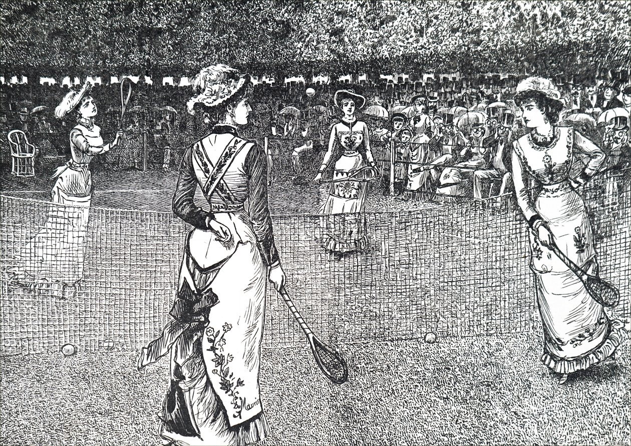 Dames die lawn tennis spelen door George du Maurier