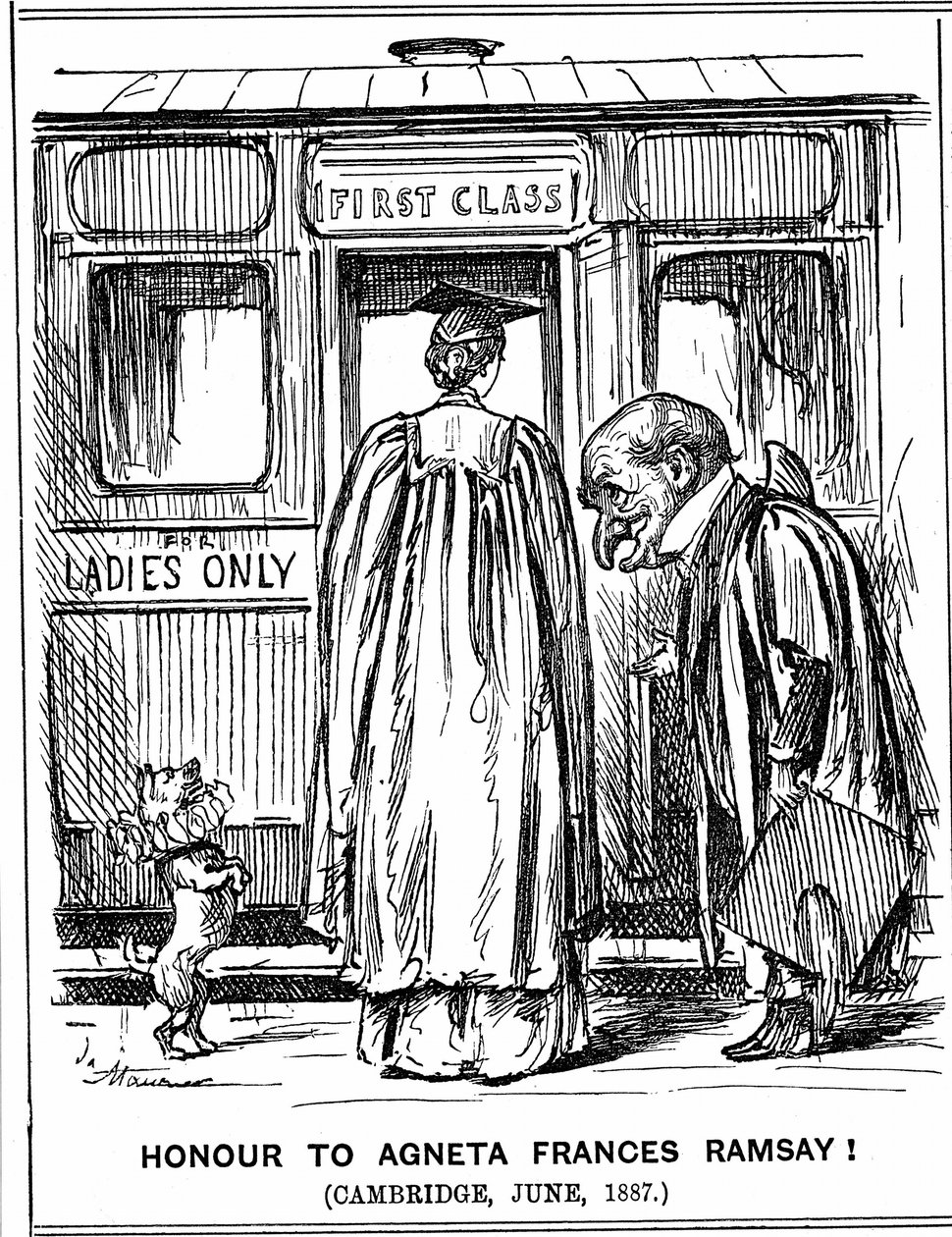 Mr Punch buigt voor Agneta Frances Ramsay die met First Class Honours slaagde, maar geen graad kon ontvangen omdat Cambridge deze op dat moment niet aan vrouwen toekende. George du Maurier cartoon uit Punch, Londen, 2 juli 1887 (gravure) door George du Maurier