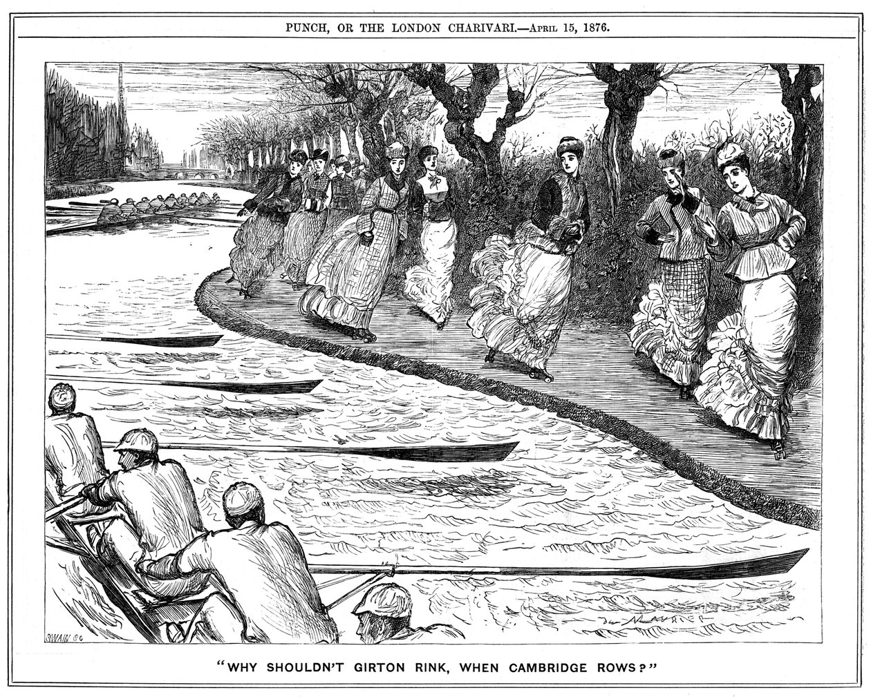 Rolschaatsen zeer in de mode. Damesstudenten van Girton zwaaien naar roeiers op de rivier. George du Maurier cartoon uit Punch, Londen door George du Maurier