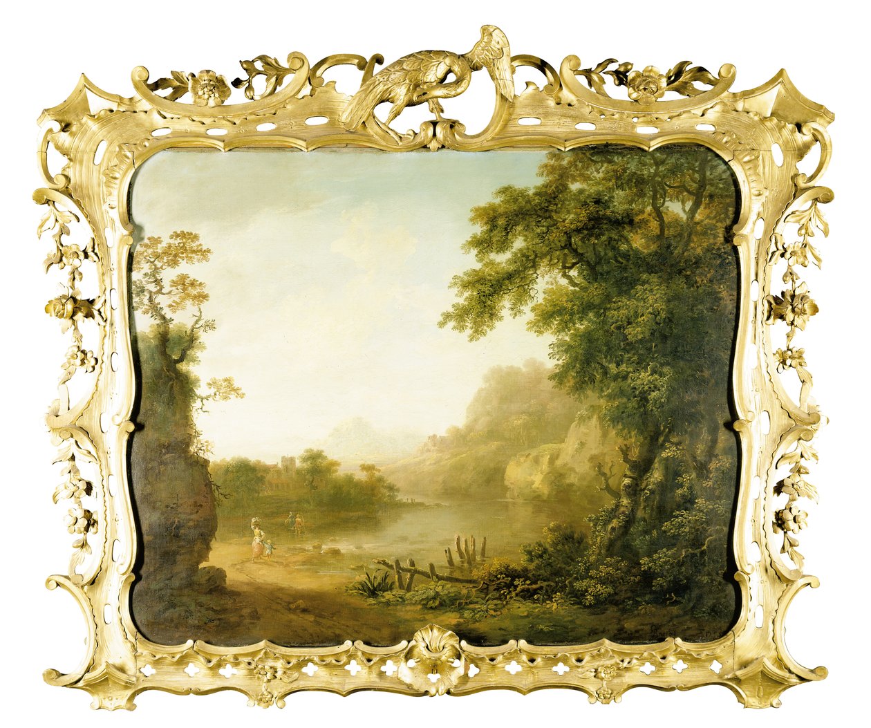 Een Italiaans Bosrijk Rivierlandschap met Figuren op de Voorgrond en een Dorp daarachter door George the Elder Barret