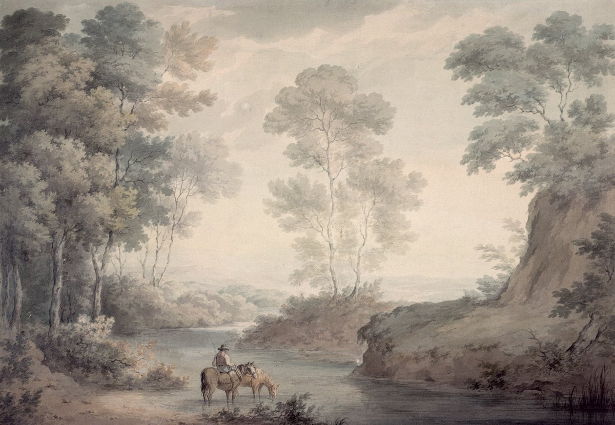 Landschap met Rivier en Paarden die Drinken door George the Elder Barret