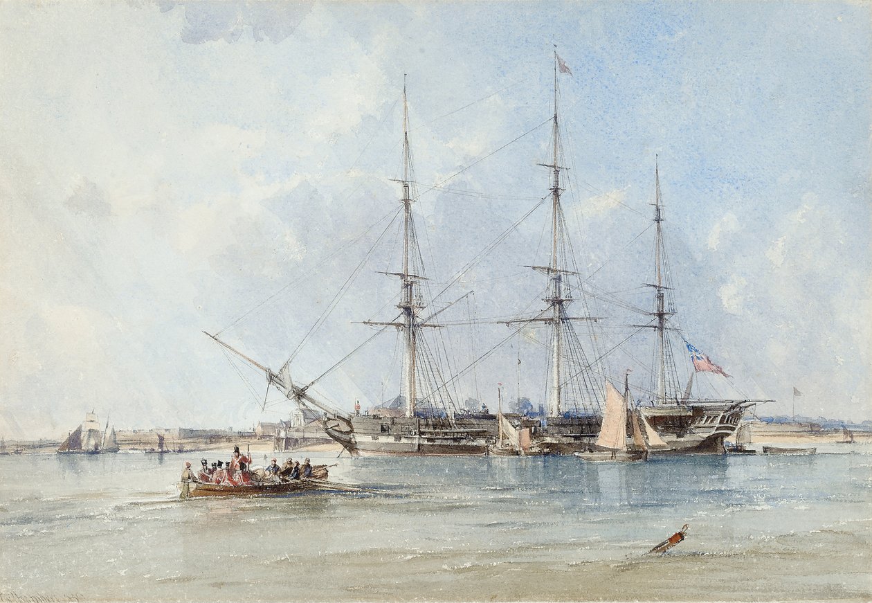 Het Blackwall fregat Seringapatam voor anker bij Tilbury Fort door George the Elder Chambers