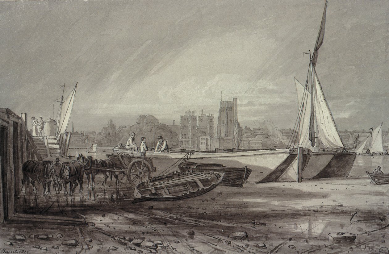 Lambeth Paleis en Kerk vanaf Millbank door George the Younger Barret