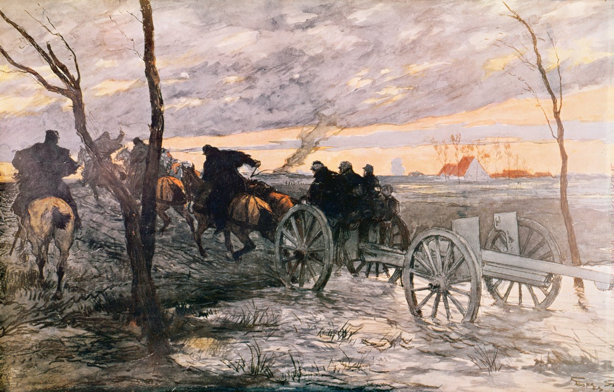 Zonsondergang in de Vallei van de IJzer: een 75 Kanon wordt naar een Strategische Positie Gereden, c.1914 door Georges Bertin Scott