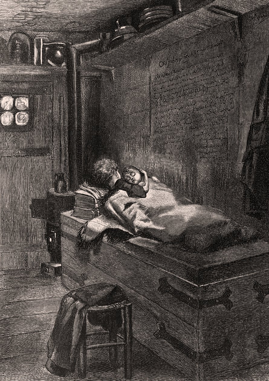 Gwynplaine en Dea slapend op een kist - illustratie uit L
