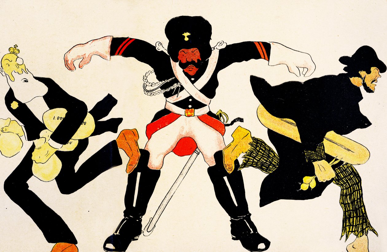 Belgische officier probeert Leopold II te stoppen met het stelen van geld en een boer met het stelen van voedsel, 1904 door Georges d 1878 1937 Ostoya