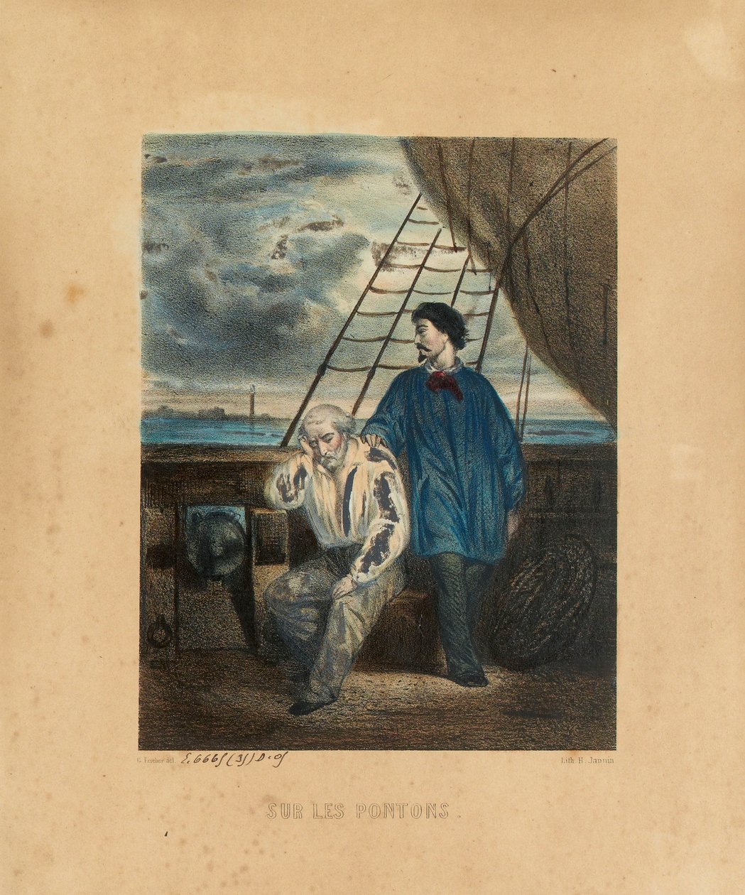 Op de Ponton, gegraveerd door H. Jannin door Georges Alexandre after Fischer