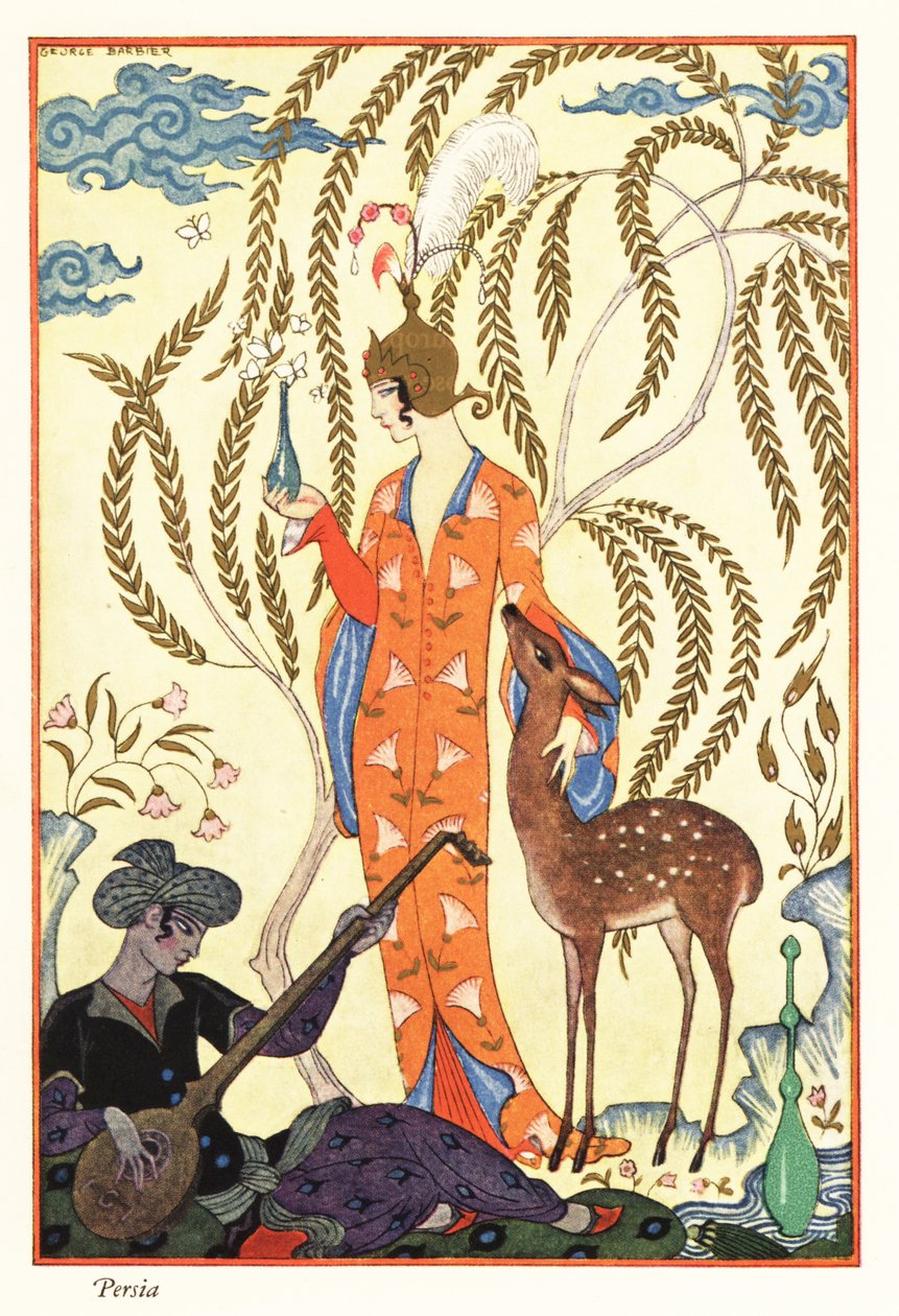 Een vrouw houdt een parfumfles vast, oud Perzië door Georges Barbier