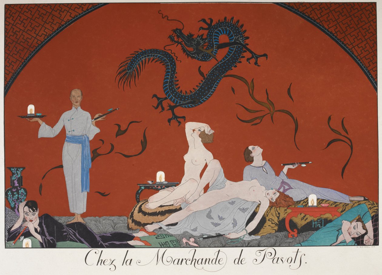 Chez la Marchande de Pasots. Mensen, sommigen naakt, liggen rond in een kamer. Chinese decoratie. door Georges Barbier