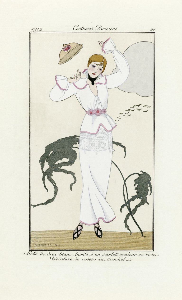 Ontwerp voor witte jurk met roze afwerking en gehaakte riem, uit Costumes Parisien, uitgegeven 1912 door Georges Barbier
