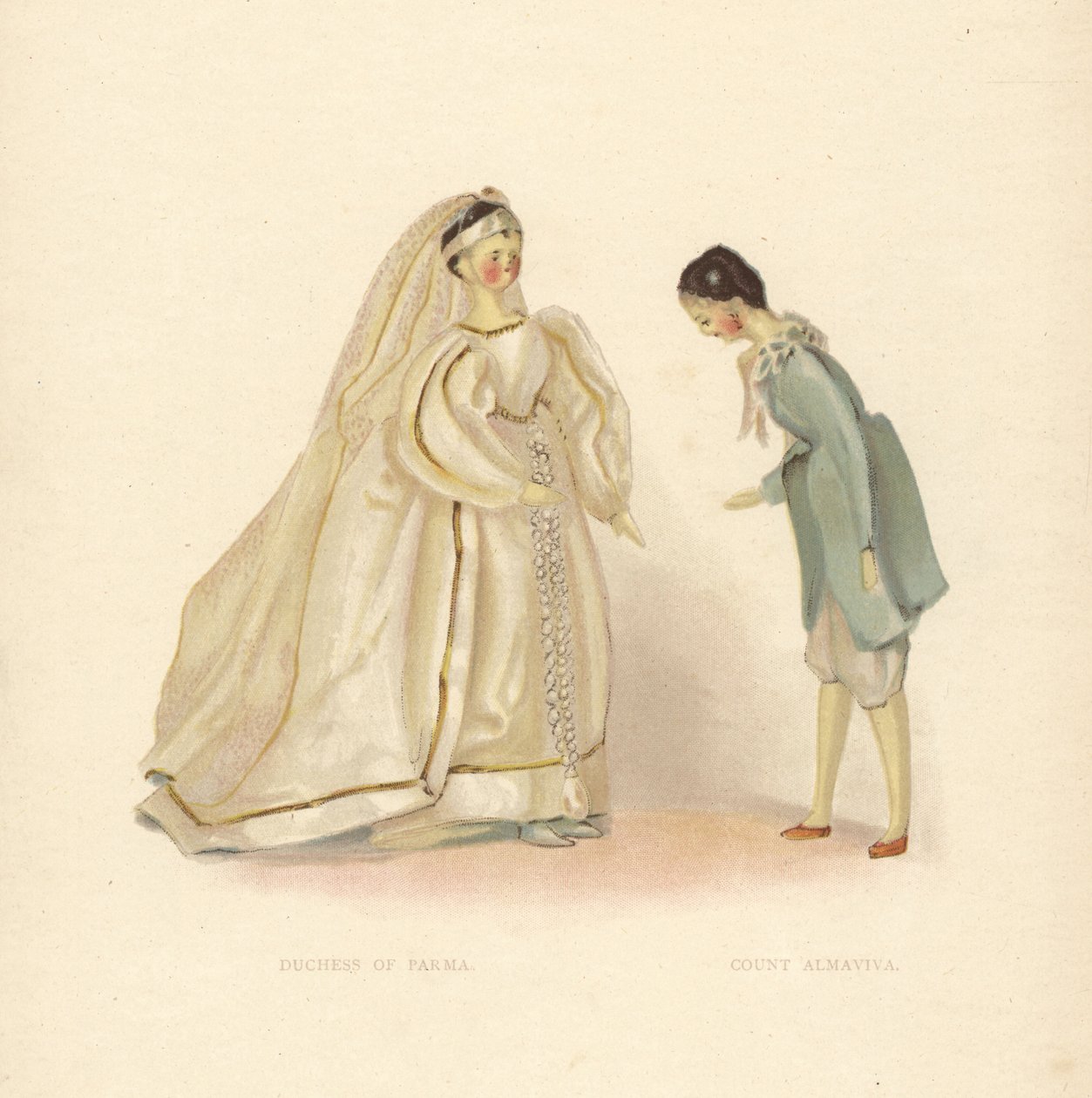 Poppen van de Hertogin van Parma en Graaf Almaviva, uit De Barbier van Sevilla, aangekleed door jonge Prinses Victoria. Kleurplaat naar een illustratie van Alan Wright uit Frances H. Low