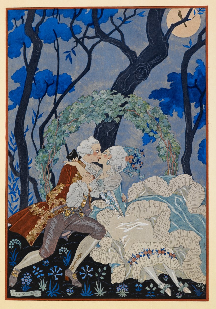 En Sourdine. Een man en vrouw kussen onder het maanlicht. door Georges Barbier
