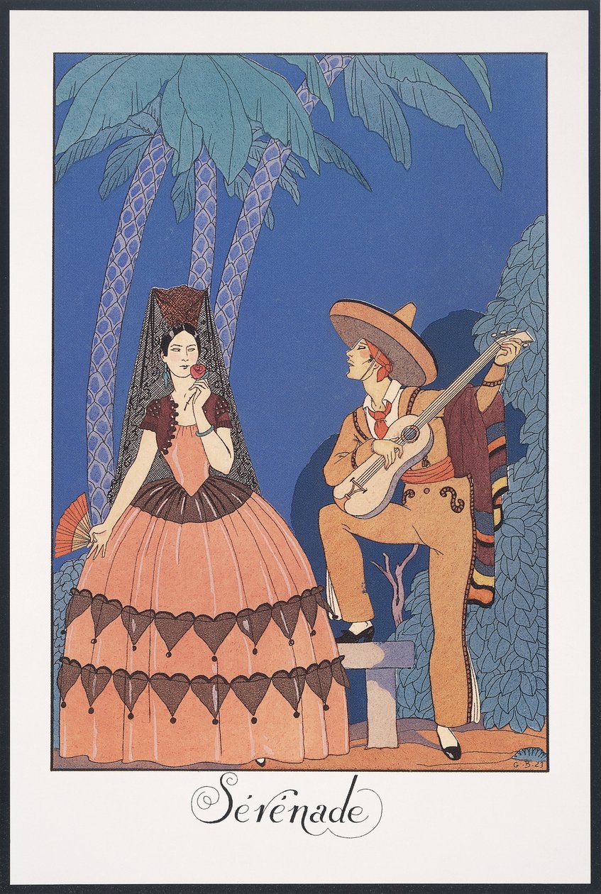 Falbalas et Fanfreluches, Almanak voor 1924, Serenade, door George Barbier, prent door Georges Barbier