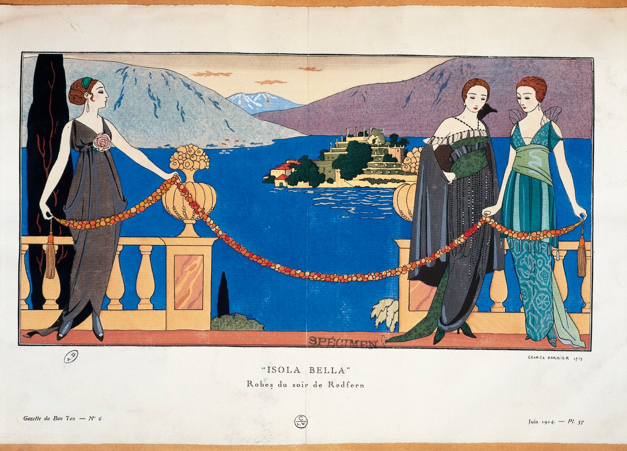 Modeplaat met dames in Redfern avondjurk en Borromean Isola Bella op de achtergrond door Georges Barbier