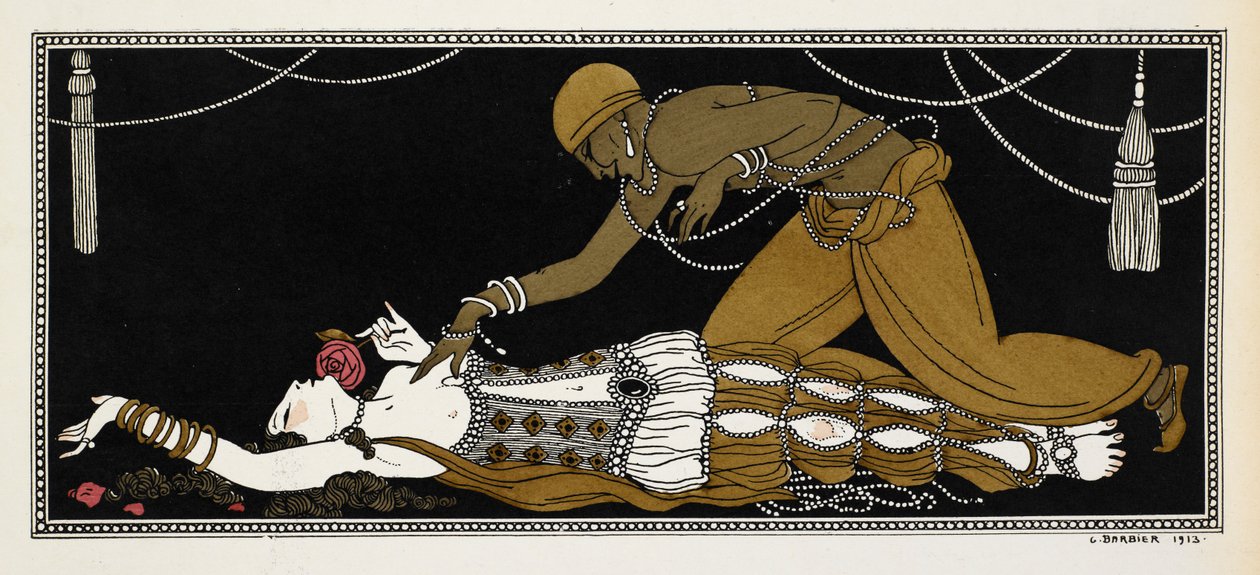 Nijinsky als de Gouden Slaaf in Sheherazade, een symfonische suite gecomponeerd door Nikolai Rimsky-Korsakov in 1888. Sheherazade ligt hier op haar sterfbed, de gouden slaaf buigt zich over haar heen door Georges Barbier
