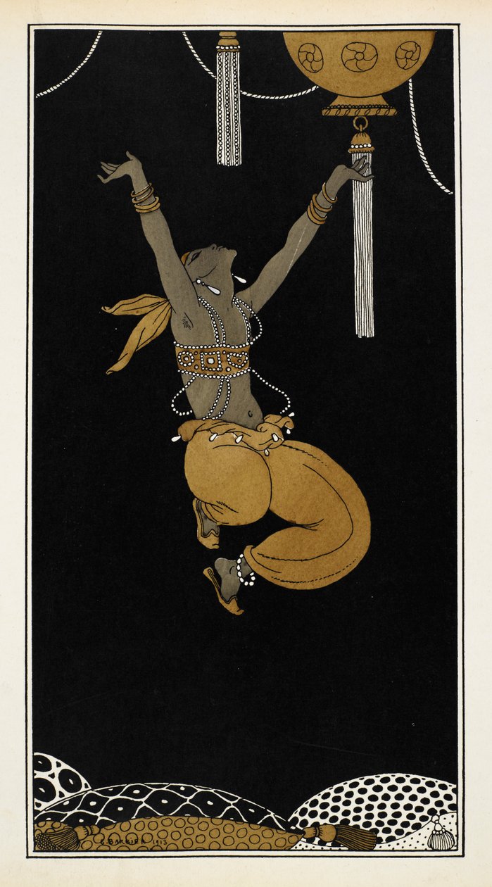 Nijinsky als de Gouden Slaaf in Sheherazade, een symfonische suite gecomponeerd door Nikolai Rimsky-Korsakov in 1888. Nijinsky is in de lucht, midden in een sprong. door Georges Barbier