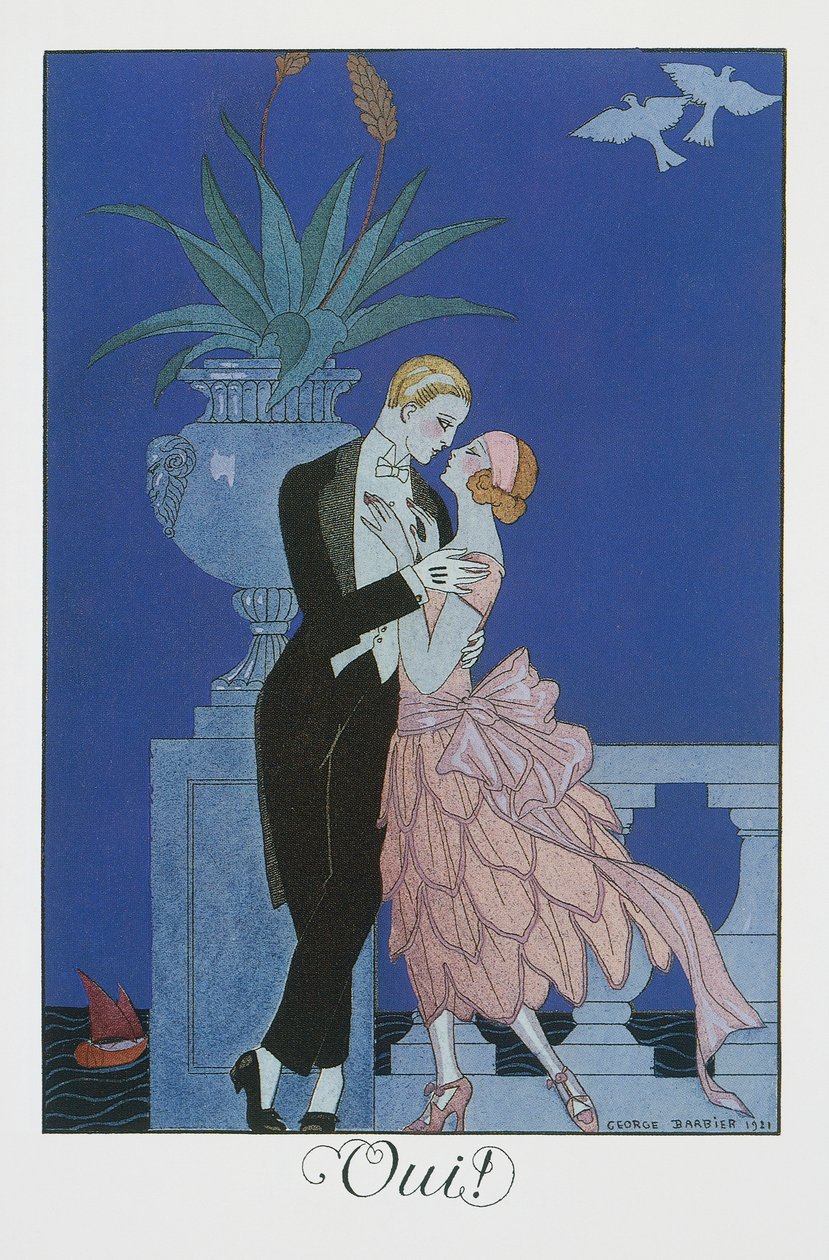 Oui, Twee jonge verloofden in avondkleding, lithografie uit Falbalas et Fanfreluches, Almanach des Modes Presentes, Passees et Futures door Georges Barbier