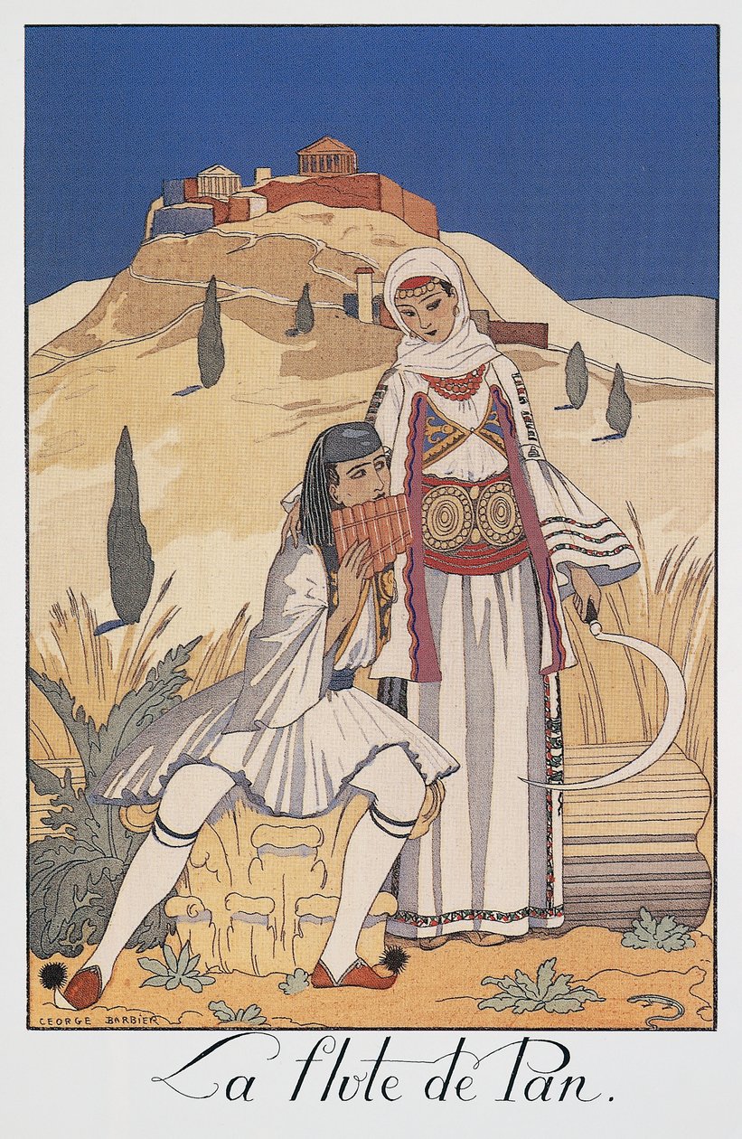 Panfluitspeler die traditionele Griekse kostuums uitbeeldt door Georges Barbier