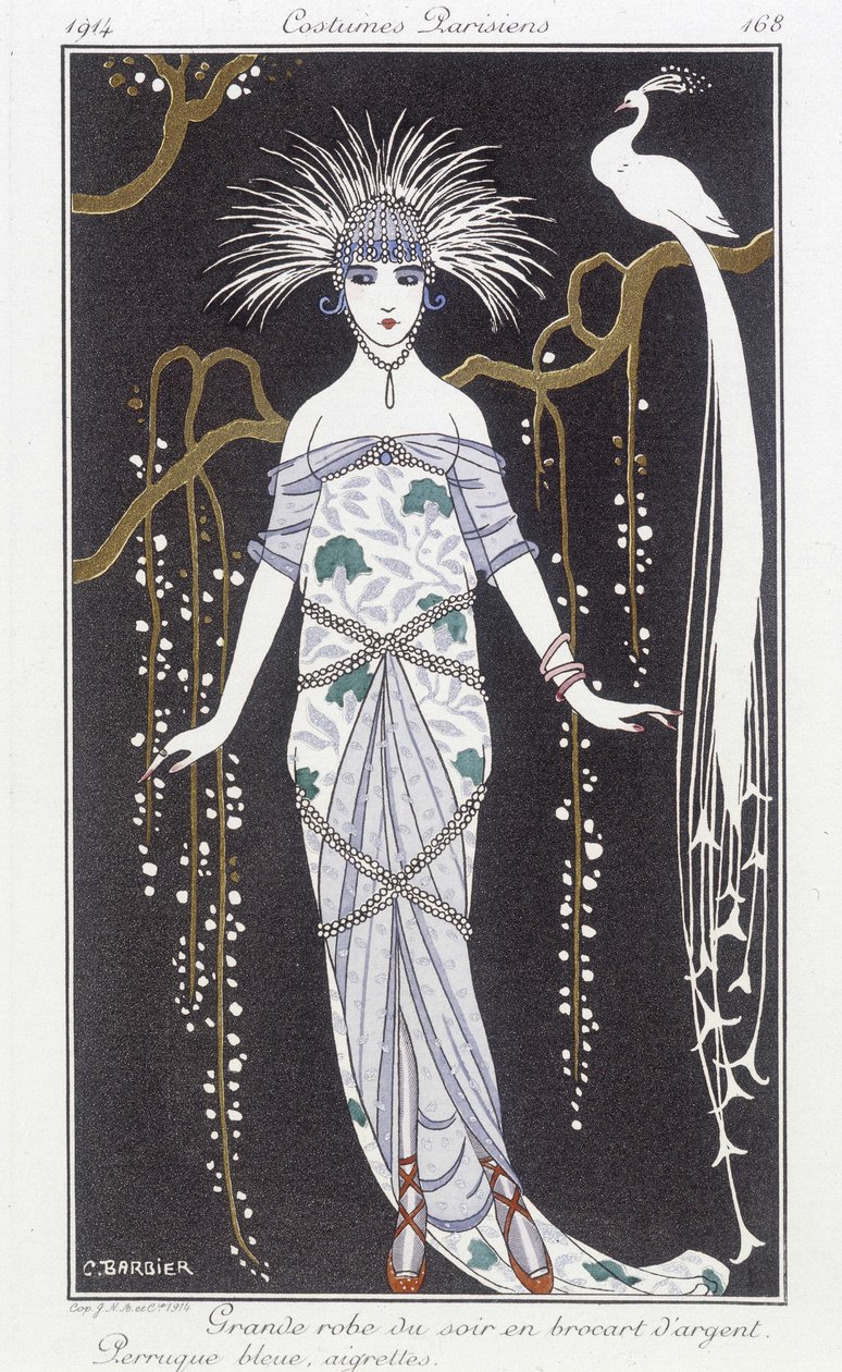 Zilveren brokaat avondjurk en pruik - Illustratie door George Barbier (1882-1932). in 