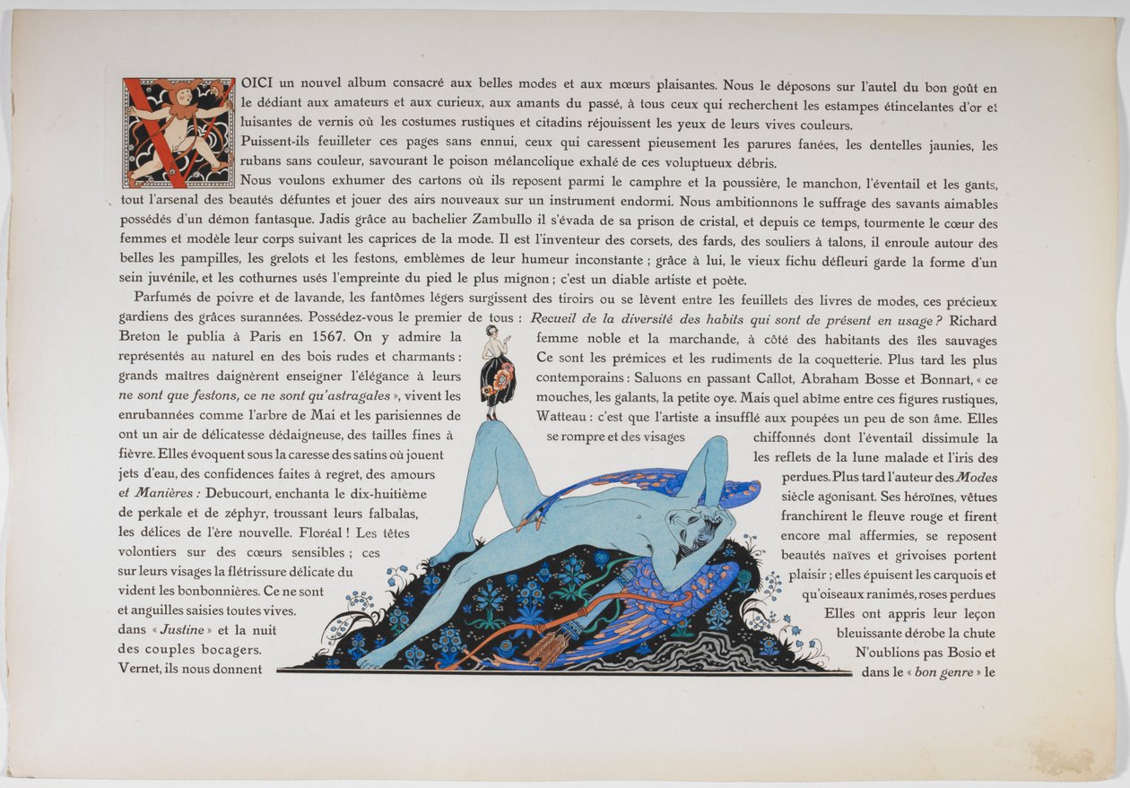 Tekst en een naakte figuur, blauw gekleurd. door Georges Barbier