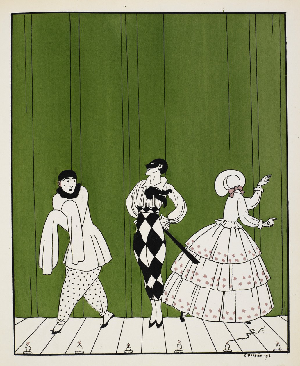 Drie personages uit het ballet Carnaval uit 1910, gecomponeerd door Robert Schumann. Links een mimespeler. In het midden een man, gekleed in een wit shirt met een zwarte das en geruite broek, met een masker. Rechts een dame, met haar rug naar ons toe door Georges Barbier
