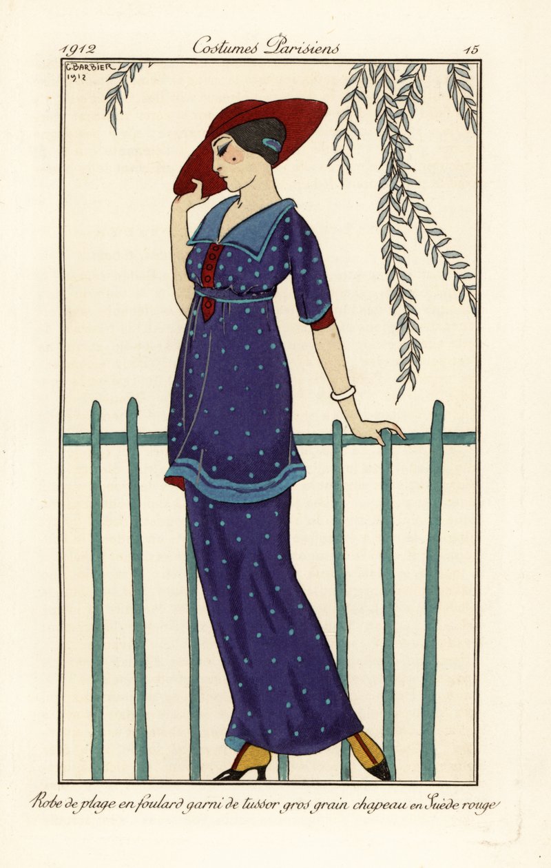 Vrouw in strandjurk van foulard versierd met grote stippen, rode suède hoed door Georges Barbier