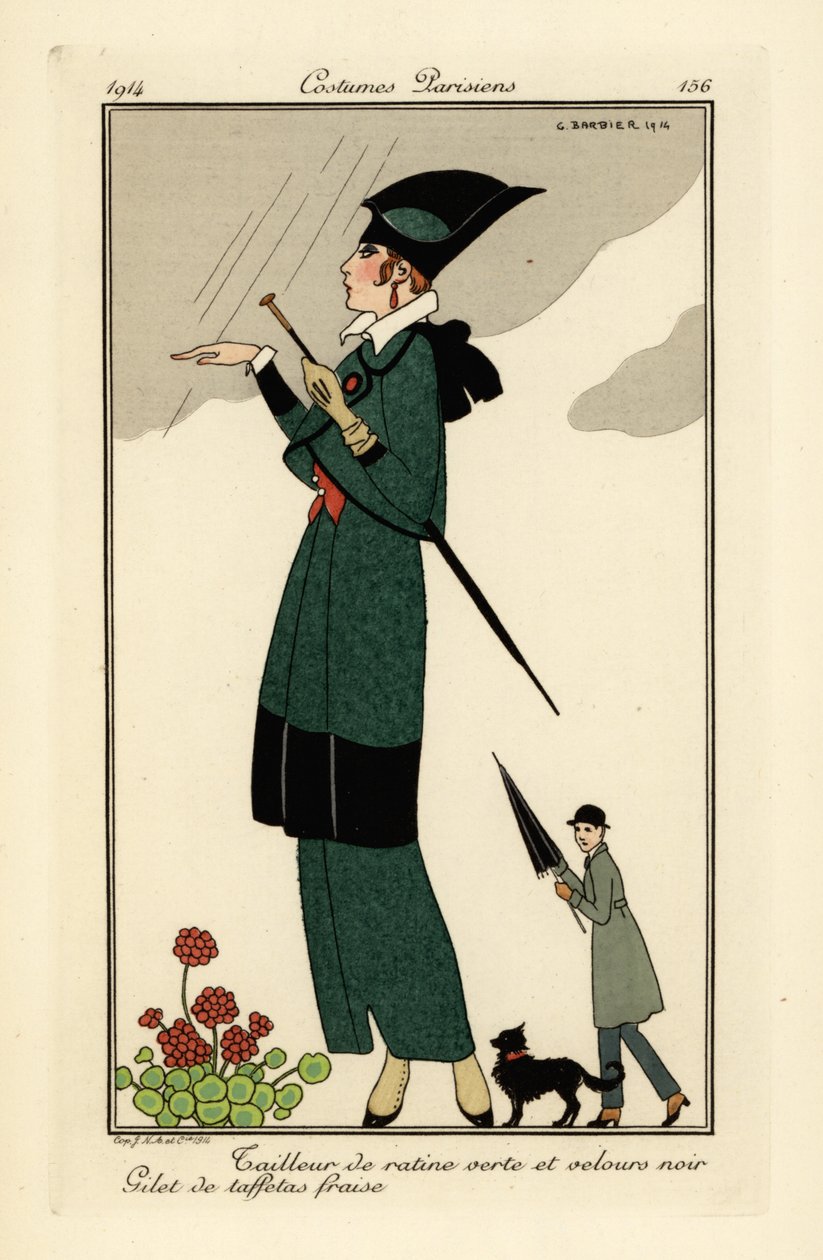 Vrouw in groen ratine en zwart fluwelen pak door Georges Barbier