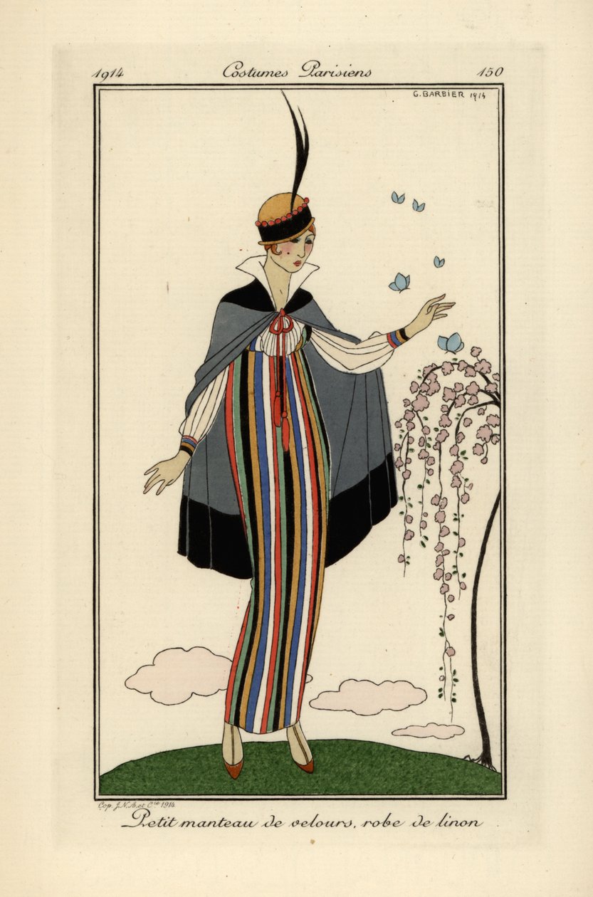 Vrouw in gestreepte linnen jurk met korte fluwelen jas door Georges Barbier