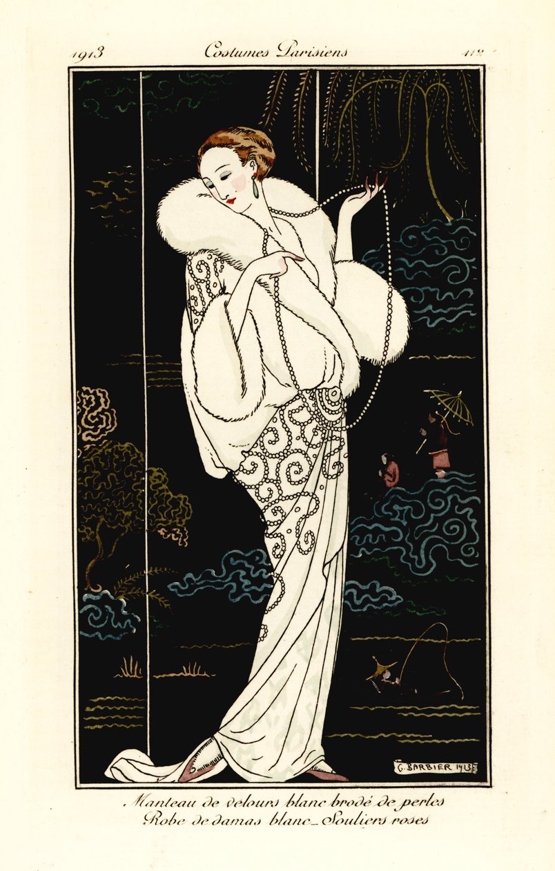 Vrouw in fluwelen cape, damasten jurk en roze pantoffels door Georges Barbier
