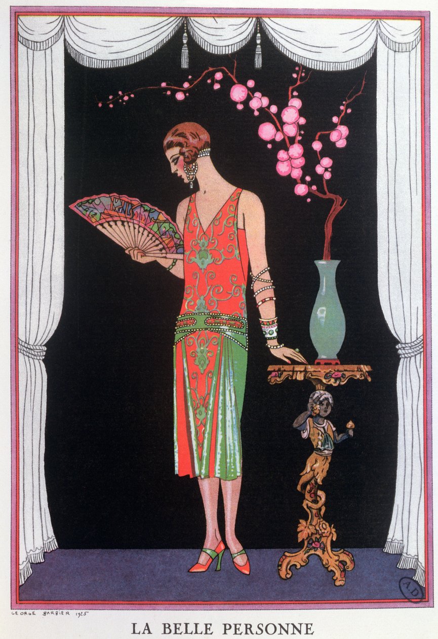Worth avondjurk, modeplaat uit Gazette du Bon Ton door Georges Barbier
