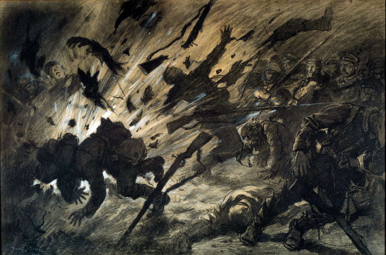 Effect van een granaat in de nacht, april 1915 door Georges Bertin Scott