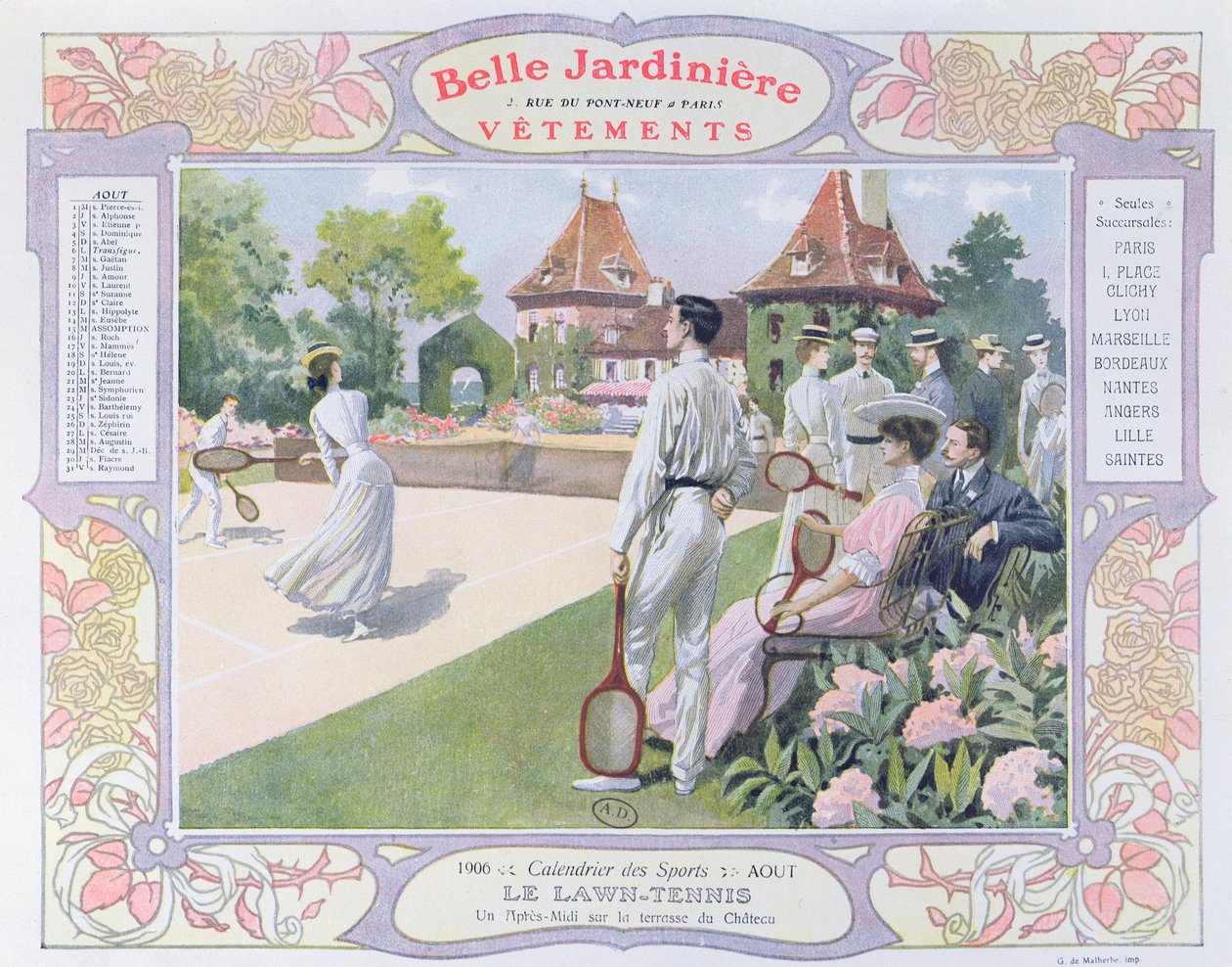 Lawn Tennis, illustratie voor augustus uit een kalender voor de kledingwinkel 