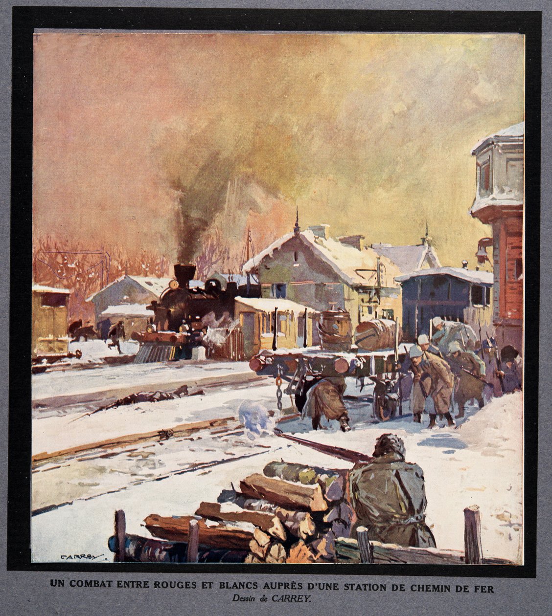 Een gevecht tussen de Rode en Witte Garde op een treinstation, uit Histoire des Soviets, uitgegeven 1922 door Georges Carrey