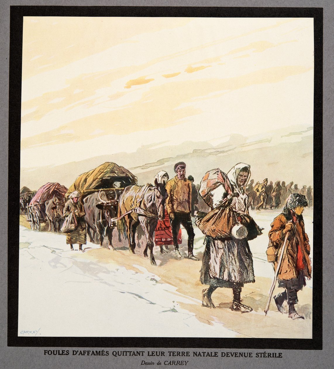 Exodus van hongerige mensen uit hun vaderland, uit Histoire des Soviets, uitgegeven 1922 door Georges Carrey