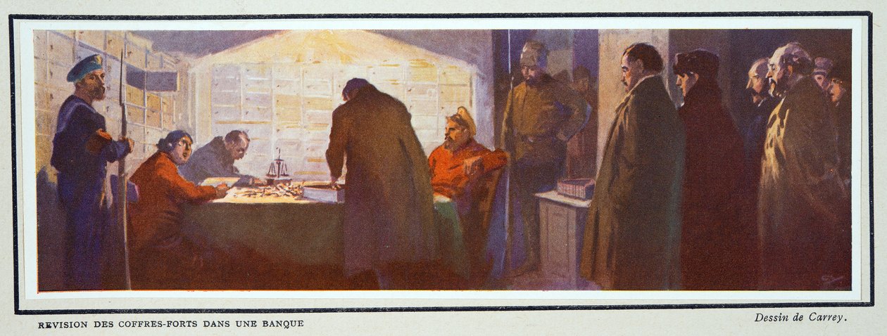 Binnen een bankkluis tijdens de Revolutie, uit Histoire des Soviets, pub. 1922 door Georges Carrey