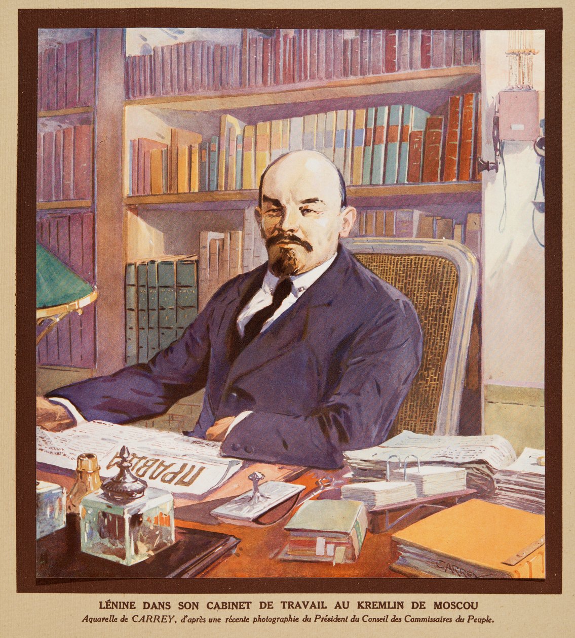 Lenin in zijn kantoor in het Kremlin in Moskou, uit Histoire des Soviets, pub. 1922 door Georges Carrey