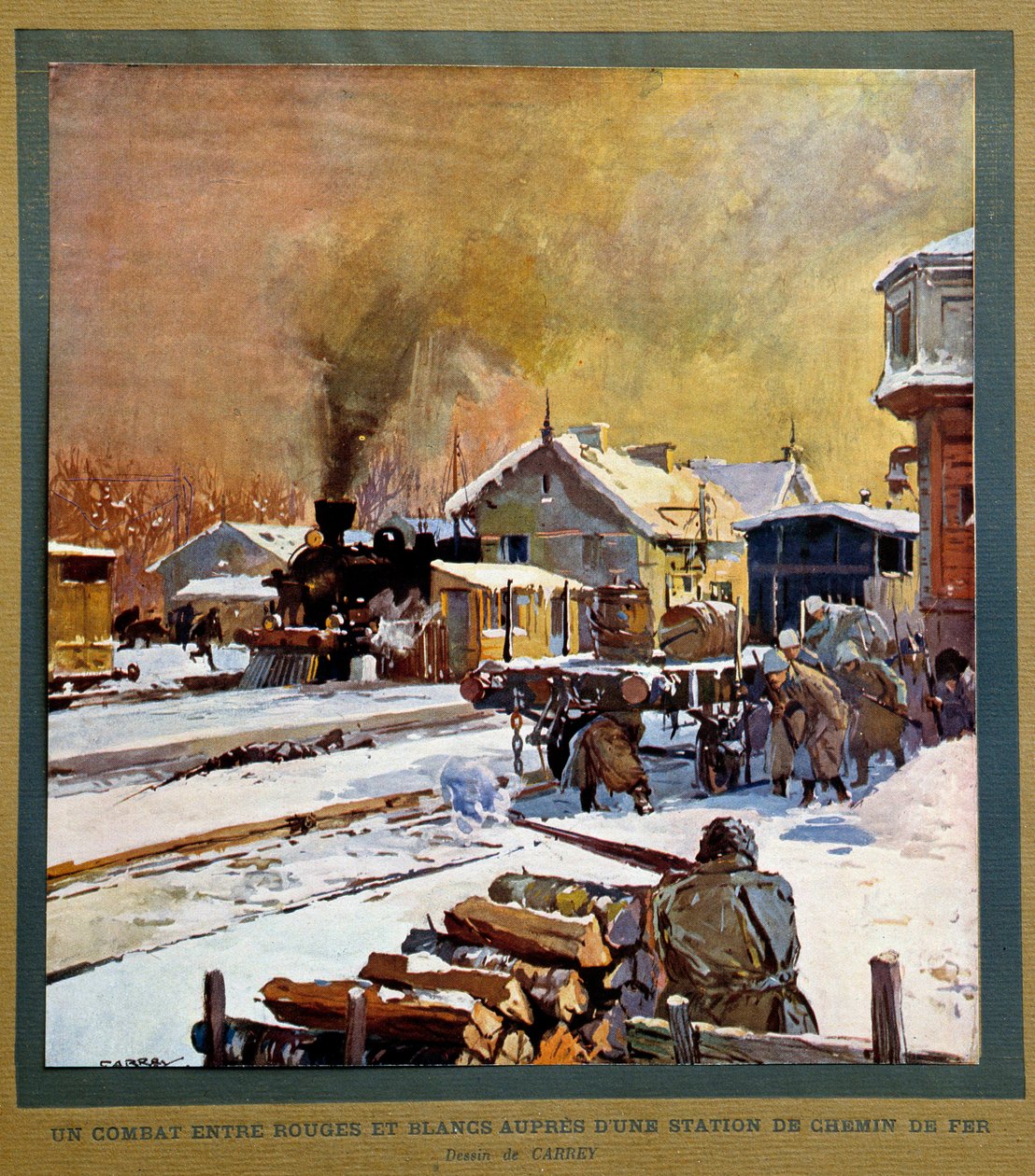 Russische Revolutie van 1917: gevecht tussen witte en rode mannen bij een treinstation door Georges Carrey