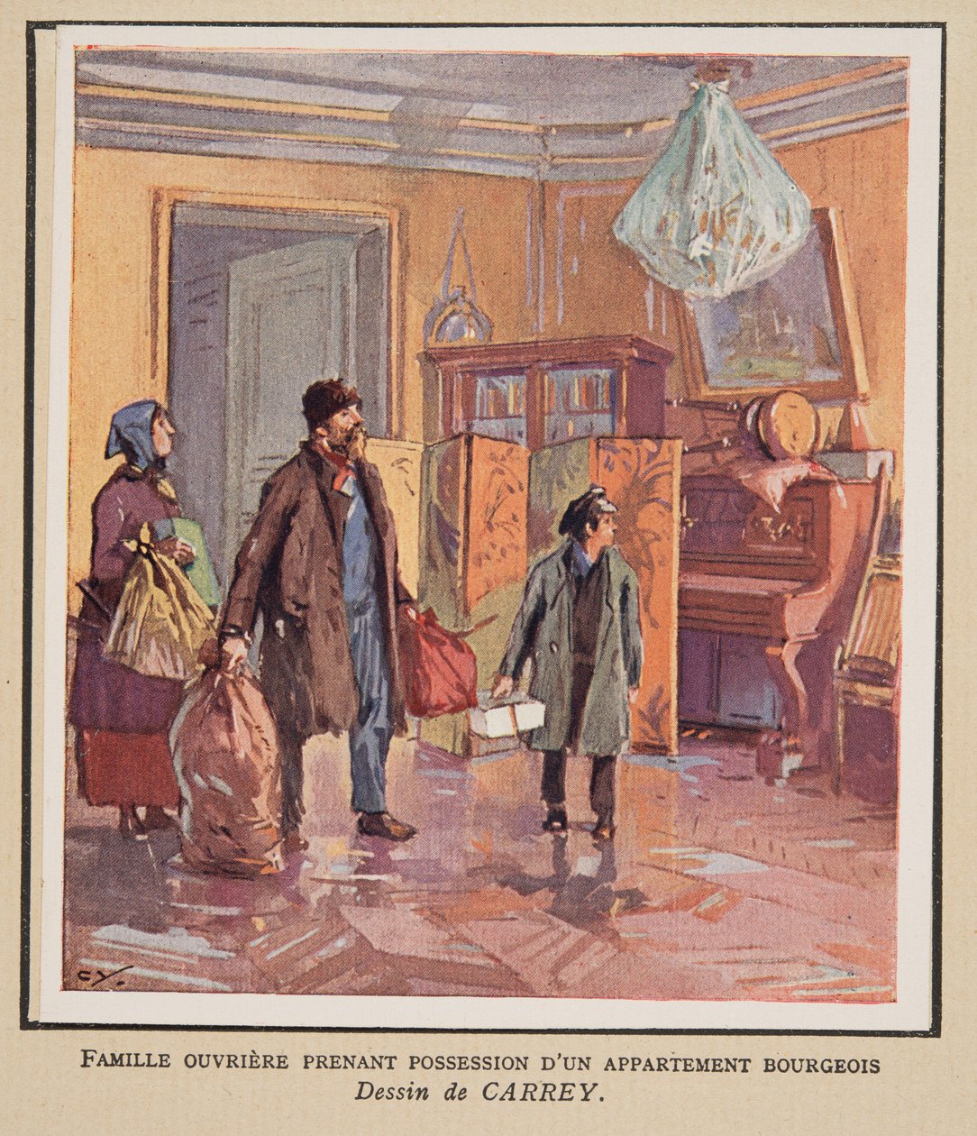 Arbeidersfamilie neemt bezit van een Bourgeois appartement, uit Histoire des Soviets, pub. 1922 door Georges Carrey