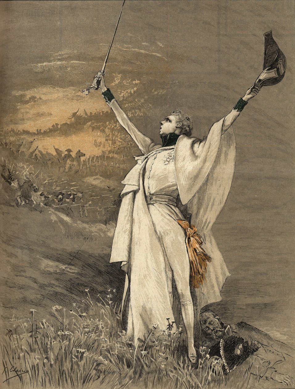 De actrice Henriette Rosine Bernard genaamd Sarah Bernhardt (1844-1923) in de rol van de hertog van Reichstadt (zoon van keizer Napoleon I (1769-1821) - "de Aiglon", Gravure door Georges Jules Victor Clairin (1843 - 1919) van 1900. door Georges Clairin