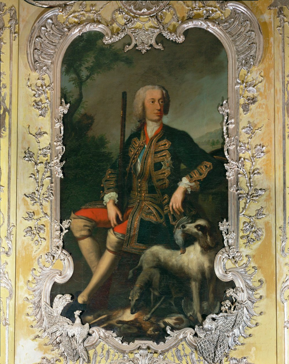 Portret van keurvorst Carl Albrecht in de gele slaapkamer van paleis Amalienburg op het Nymphenburgterrein ... door Georges Desmarées