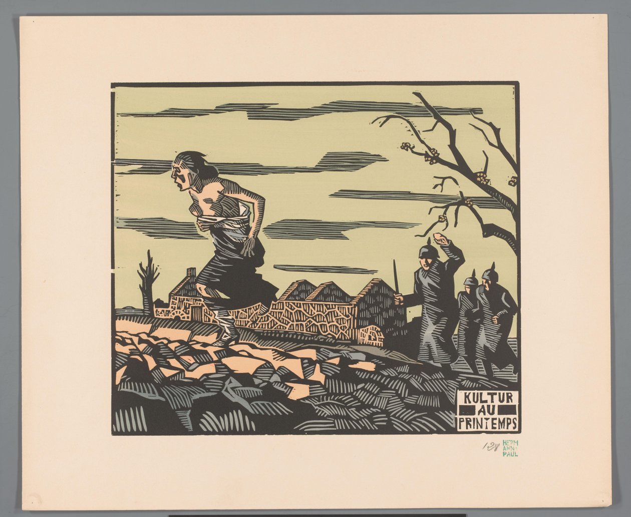 Vrouw vlucht half ontkleed voor drie soldaten over een veld door Georges Hermann Rene Paul