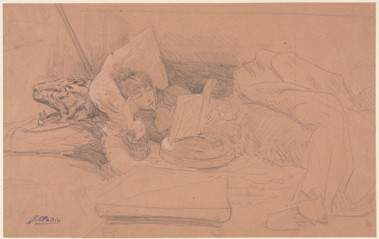 Sarah Bernhardt liggend op een divan, lezend door Georges Jules Victor Clairin